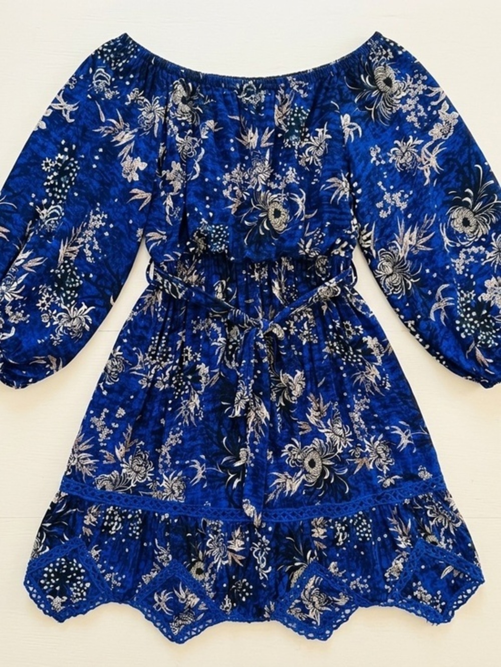 Jaase "Handshaped in the Shed" Boho Blue Floral Off-Shoulder Dress XS